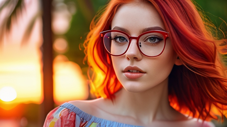 Prompt: Digital art of a beautiful woman with red hair, stunning eyes, wearing stylish red glasses, colorful dress, sunset at a beautiful park, high quality, digital painting, vibrant colors, detailed eyes, romantic atmosphere