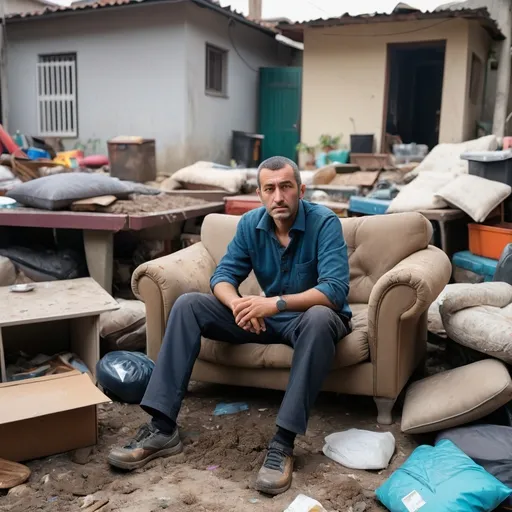 Prompt: a man sitting on a couch in a dirty yard with a lot of furniture in the background and a pile of dirt on the ground, Fikret Muallâ Saygı, dau-al-set, professional photo, a picture