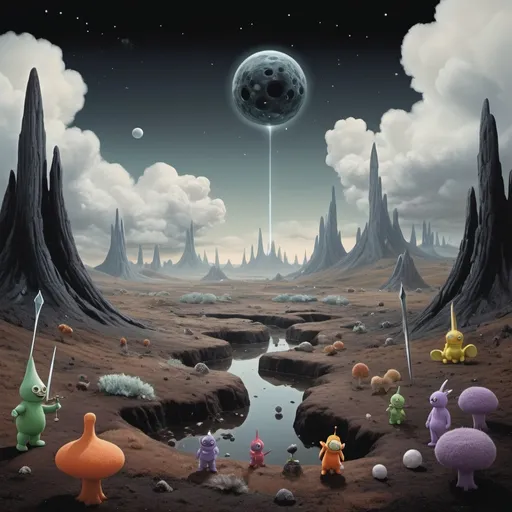 Prompt: A liminal landscape that is reminiscent of the landscape from the Teletubbies, Clouds from Jim Henson's The Dark Crystals in the sky, a black hole in the ground with a silver sword sticking out of it, muted 1970's color palette, small hidden science fiction creatures that are composed like an iSpy book.