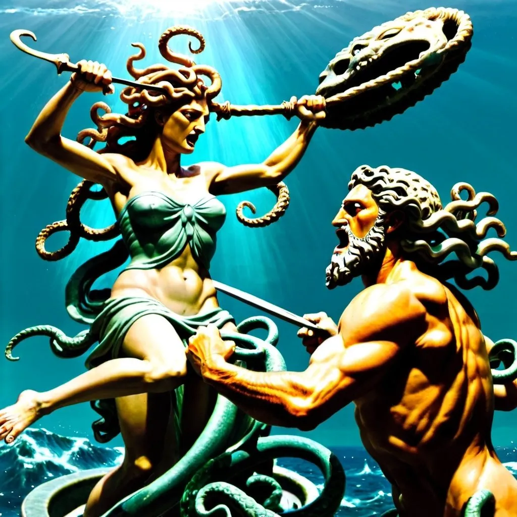 Prompt:  Medusa fights against poseidon