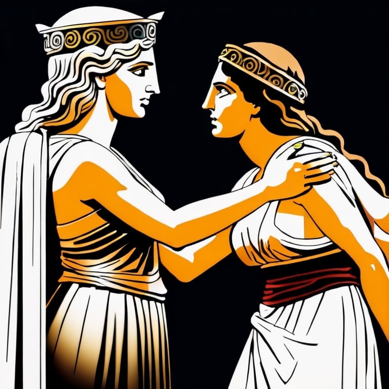 Prompt: A woman and a greek godess arguing with each other about who is the prettiest
