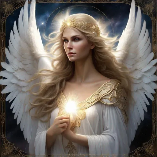 Prompt: In the celestial realms, Azariel stands as the supreme angel, guardian of the most beloved and benevolent souls according to the will of the king of angels. Her appearance is a vision of immaculate splendor: her wings, radiant with a brilliant white, bear feathers that emanate a celestial light, comforting those under her protection. Her deep gaze exudes a soothing gentleness, intertwined with unwavering determination against the forces of evil.

Azariel is adorned in celestial armor, encrusted with ethereal gems that shimmer like stars. She wields a flaming sword, a symbol of divine justice and protection. Her aura radiates benevolent energy, enveloping those privileged to be under her guard with a sense of security and solace.

In her role as protector of benevolent souls, Azariel vigilantly watches over those who embody the noblest virtues, guiding their actions towards goodness and compassion. Her presence is a blessing, a promise of defense against darkness for those she affectionately regards as the chosen of the king of angels.

Beyond her strength and beauty, Azariel is an inspiration to other angels, an example of devotion and loyalty to the divine light. Her celestial song consoles troubled hearts and inspires faith in a future of peace and harmony under the benevolence of the king of angels and his heavenly court.

