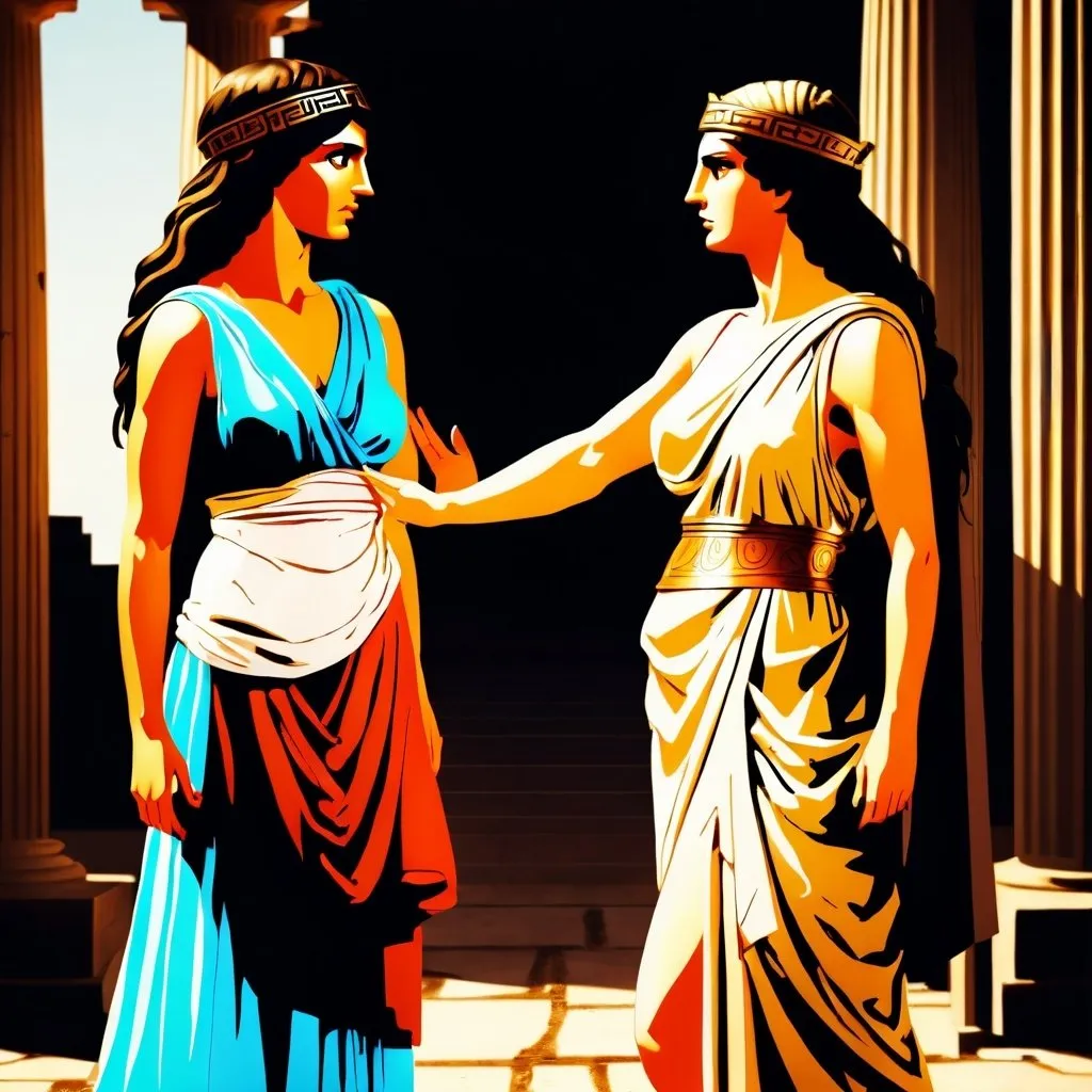 Prompt: A woman and a greek godess arguing with each other about who is the prettiest

