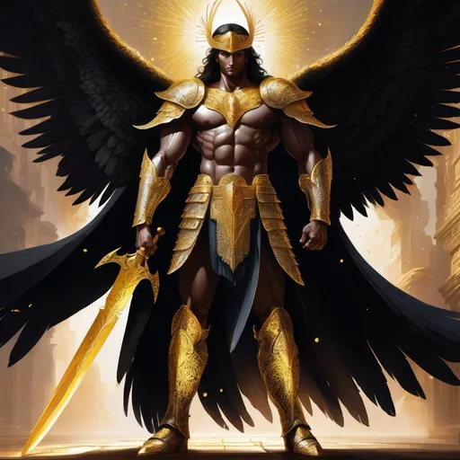 Prompt: The winged warrior stands majestically, an imposing and noble figure. His gigantic wings, a brilliant white, spread out behind him, their impressive wingspan casting an immense shadow. His armor is a work of art, made of gleaming steel adorned with golden motifs and precious stones, reflecting the light in an almost divine manner. The armor fits his body perfectly, highlighting his powerful musculature and imposing stature.

His hair, long and smooth, falls in cascades to his shoulders, framing his stern and determined face. His eyes, a deep black, shine with an intense glow, revealing ancient wisdom and unwavering resolve. Above his head, a powerful halo of light glows with a radiant golden hue, surrounded by fine sparks, creating a sacred and formidable aura.

The winged warrior carries a long, elegant sword at his belt, the blade made of damascus steel gleaming with a mystical glow. Every movement he makes is imbued with grace and power, his aura emanating pure and unshakable energy. He is a protector of the celestial realms, a champion of justice, and a legendary figure whose presence inspires both respect and fear.
