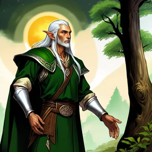 Prompt: In an ancient elven village deep within a mystical forest, resides Elion, the revered chieftain embodying his people's history, wisdom, and sacrifice. Elion commands respect and admiration, a living legend among elves.

Tall and regal, Elion exudes quiet strength with silver hair flowing like moonlight and deep green eyes holding secrets of centuries. His robes of deep green and brown, adorned with leaf and vine patterns, symbolize his bond with nature. Around his neck hangs a pendant pulsing with ancient magic.

Elion's true power lies in ancient magics passed down through generations. His staff, carved from the forest's oldest tree, channels primal forces, summoning elemental fury, healing wounds, and protecting his village.

Despite the toll of ancient magics draining his life force, Elion leads with wisdom and compassion, making decisions for his village's well-being, even at great personal cost. His people trust him implicitly, knowing he sacrifices for their safety and happiness.

Resolute despite weariness, Elion finds strength in his people's love and his connection with the natural world. A symbol of sacrifice and dedication, he is a legend of hope and strength in a dangerous world.