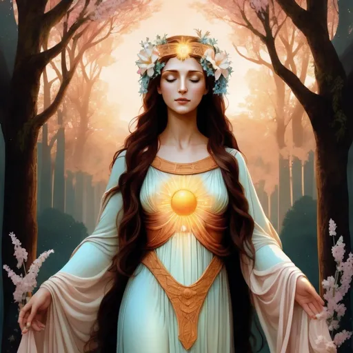 Prompt: Lyria, the goddess of dawn and hope in Greek mythology, embodies the beauty of daybreak with celestial grace. Her appearance is youthful yet wise, adorned in robes of dawn's soft hues and crowned with fragrant spring flowers. She walks among sleeping fields, scattering petals that bloom at her touch, accompanied by forest creatures drawn to her gentle presence. Lyria inspires artists and poets, her temples adorned with frescoes celebrating the renewal of each day. As the symbol of hope, she reminds mortals that each sunrise brings opportunities for growth and new beginnings.
