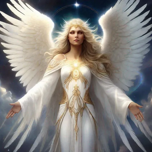 Prompt: In the celestial realms, Azariel stands as the supreme angel, guardian of the most beloved and benevolent souls according to the will of the king of angels. Her appearance is a vision of immaculate splendor: her wings, radiant with a brilliant white, bear feathers that emanate a celestial light, comforting those under her protection. Her deep gaze exudes a soothing gentleness, intertwined with unwavering determination against the forces of evil.

Azariel is adorned in celestial armor, encrusted with ethereal gems that shimmer like stars. She wields a flaming sword, a symbol of divine justice and protection. Her aura radiates benevolent energy, enveloping those privileged to be under her guard with a sense of security and solace.

In her role as protector of benevolent souls, Azariel vigilantly watches over those who embody the noblest virtues, guiding their actions towards goodness and compassion. Her presence is a blessing, a promise of defense against darkness for those she affectionately regards as the chosen of the king of angels.

Beyond her strength and beauty, Azariel is an inspiration to other angels, an example of devotion and loyalty to the divine light. Her celestial song consoles troubled hearts and inspires faith in a future of peace and harmony under the benevolence of the king of angels and his heavenly court.
