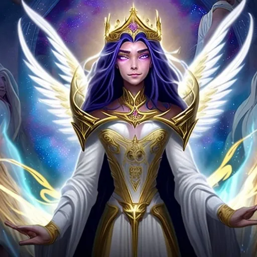 Prompt: In the celestial realms, Azariel stands as the supreme angel, guardian of the most beloved and benevolent souls according to the will of the king of angels. Her appearance is a vision of immaculate splendor: her wings, radiant with a brilliant white, bear feathers that emanate a celestial light, comforting those under her protection. Her deep gaze exudes a soothing gentleness, intertwined with unwavering determination against the forces of evil.

Azariel is adorned in celestial armor, encrusted with ethereal gems that shimmer like stars. She wields a flaming sword, a symbol of divine justice and protection. Her aura radiates benevolent energy, enveloping those privileged to be under her guard with a sense of security and solace.

In her role as protector of benevolent souls, Azariel vigilantly watches over those who embody the noblest virtues, guiding their actions towards goodness and compassion. Her presence is a blessing, a promise of defense against darkness for those she affectionately regards as the chosen of the king of angels.

Beyond her strength and beauty, Azariel is an inspiration to other angels, an example of devotion and loyalty to the divine light. Her celestial song consoles troubled hearts and inspires faith in a future of peace and harmony under the benevolence of the king of angels and his heavenly court.
