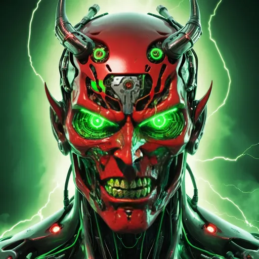 Prompt: Red face demon with radioactive green eyes and cyborg circuitry ripping through his face