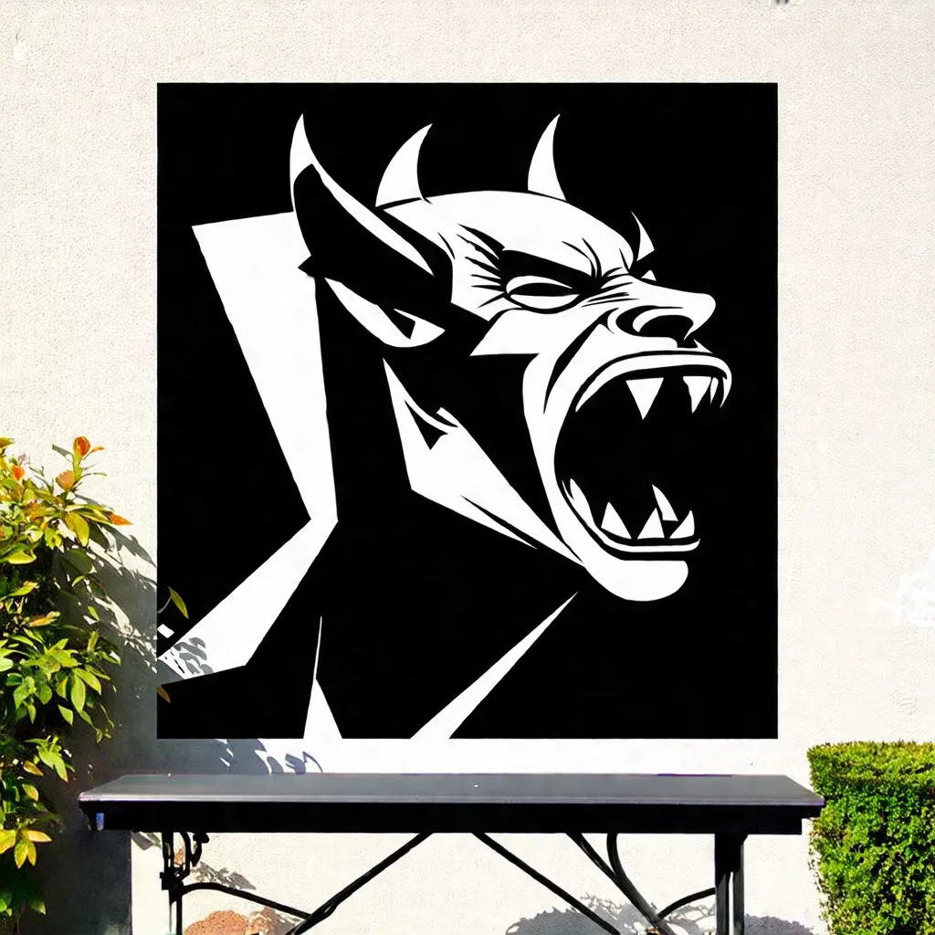 Prompt: Graffiti, wall art, a screaming demon, simplified, minimalist, art deco influence, stencil, geometric art.