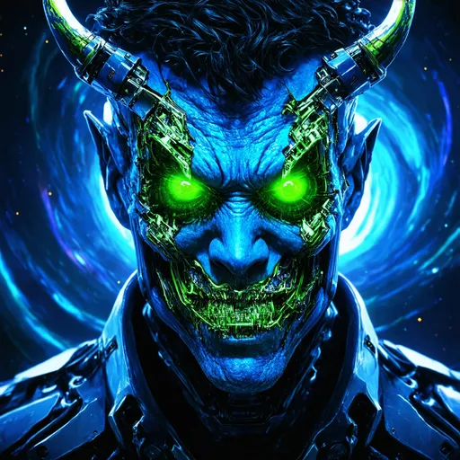 Prompt: (futuristic blue face demon), radioactive green circuitry eyes, cyborg metal ripping through his face, vibrant color scheme, neon lights, high depth color contrasts, glowing effects, high-tech atmosphere, intricate details, otherworldly and intense mood, cosmic background with swirling galaxies, ultra-detailed, 4K