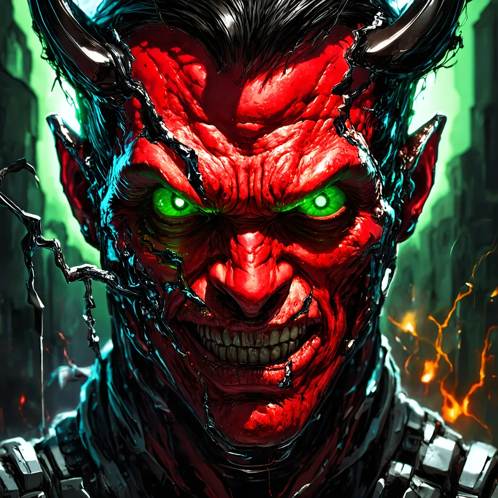 Prompt: Red face demon with radioactive green eyes and cyborg circuitry ripping through his face