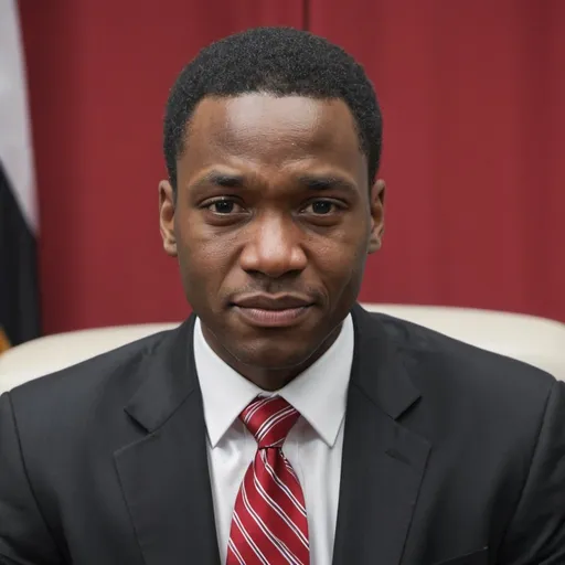 Prompt:  a man in a black suit, with a red tie and crisp white shirt. He is visibly sad and upset but smiling. phenotypically african american. almost crying. Add subtle political symbols or motifs in the background