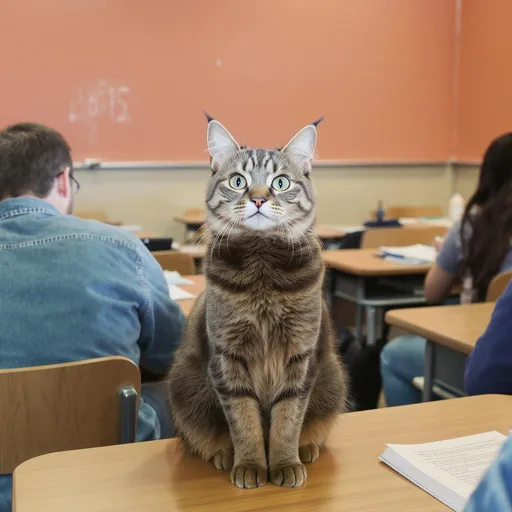 Prompt: a cat sitting in class and studying

