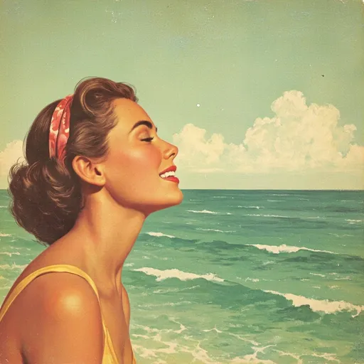 Prompt: happy woman gazing at the ocean, vintage art deco illustration warm colors close up 1960's vibe 


