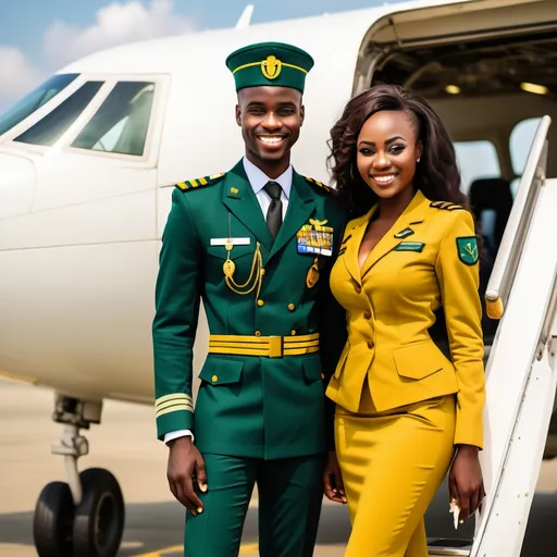 Prompt: Generate the image of a smiling handsome African prince on a pilot uniform with his beautiful black beauty wife on a yellow green and brown fitted Akara in an airport standing beside an aircraft 