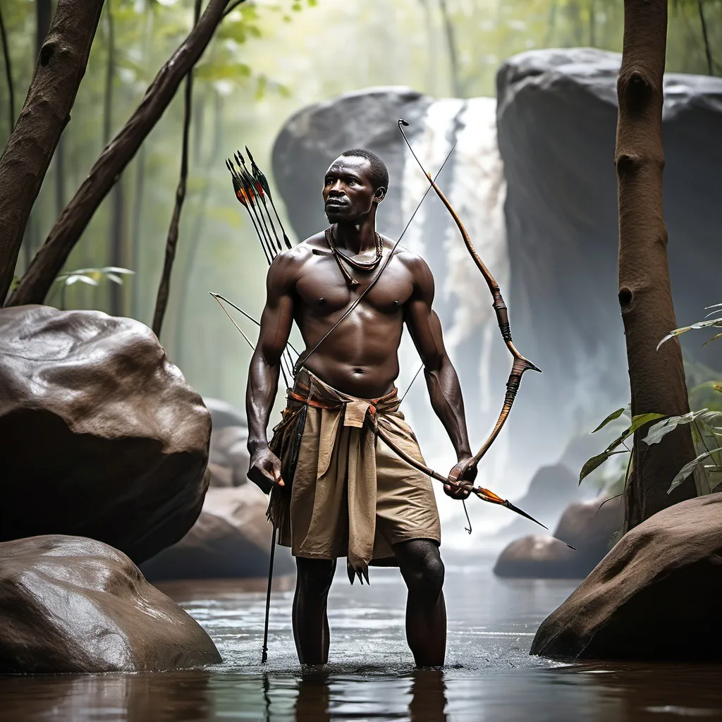 Prompt: A tall handsome African hunter  with  bow ,spear and arrow discover water from a big rock in a forest