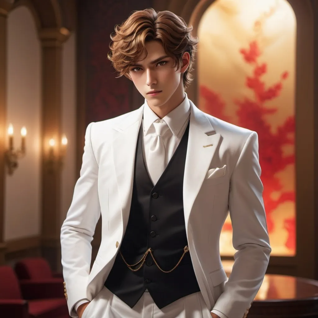 Prompt:  anime man  ( with slightly curly chestnut brown hair and black eye, wearing a formal white attire highlighted with golden red .