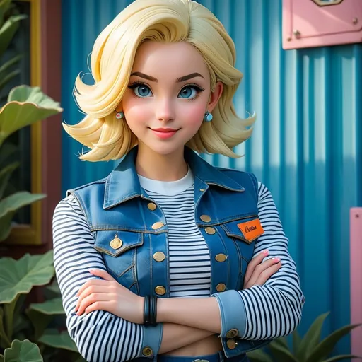 Prompt: a girl, (android18 cosplay), android18 costume, black tshirt, blue denim vest jacket, stripe arm sleeves, blue denim mini skirt,smile, pastel color palette, cinematic, quirky, retro vibe, soft lighting, artistic film, unique composition, vintage aesthetic, whimsical setting, stylish and understated, atmospheric, charming, nostalgic, vintage, detailed portrait, Wes Anderson style backdrop