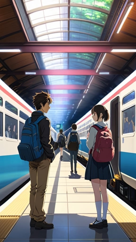 Prompt: A quiet train station in Japan, where people are coming and going, and the highschool student protagonists  are searching for each other, cinematic