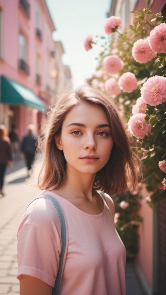 Prompt: Digital photo,lovely girl standing on street, depth of focus of flowers surrounding the girl, against a pastel pink background ,cinematic, strong sunshine background, color aberration, on the vintage street, fujifilm, filmgrain, from above view, wide view