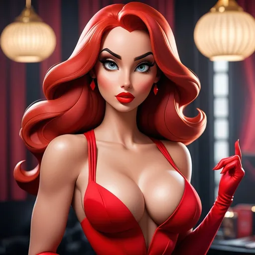 Prompt: Jessica Rabbit beautiful charismatic girl,athletic body, gorgeous figure, interesting shapes, full body shot, dark eye makeup, in the style of jessica drossin