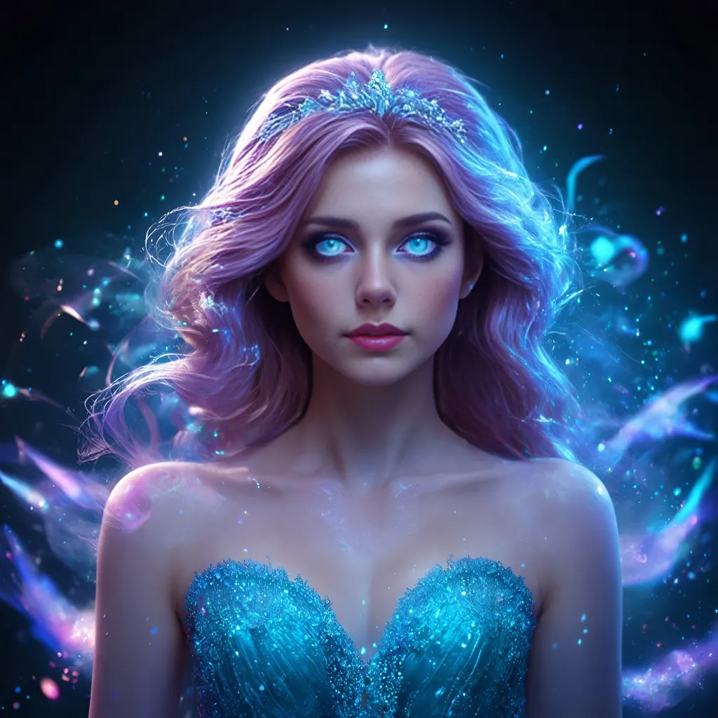 Prompt: Ethereal fantasy princess, otherworldly beauty, glowing skin, iridescent eyes, floating hair, magical particle effects, volumetric fog, ray-traced global illumination, cinema 4D quality render