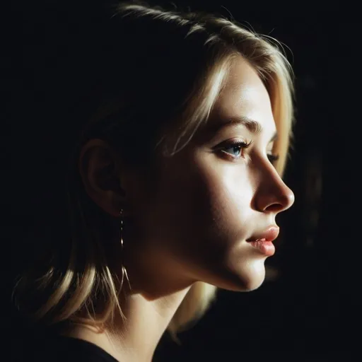 Prompt: A photo of gorgeous girl's profile, a white round behind it is illuminated in the style of light from inside, black background, 90s aesthetic, film grain, color negative, suspense, nightshot photography 
