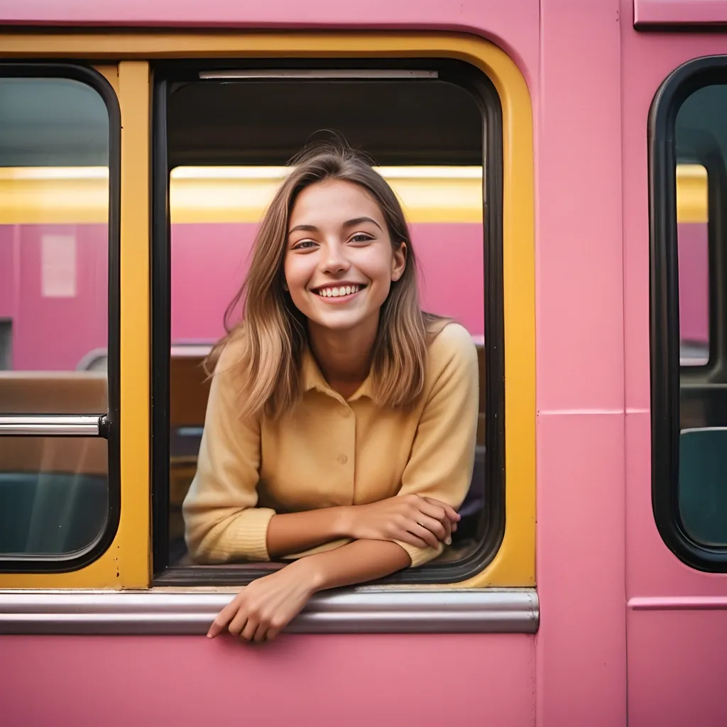 Prompt: Lovely woman with straight hair leaning out of bus window, smiling, vintage street setting, pink background with yellow light rays, color aberration, fujifilm, filmgrain, above view, high quality, digital photo, vintage, street photography, straight hair, smiling, pink background, yellow light rays, color aberration, fujifilm, filmgrain