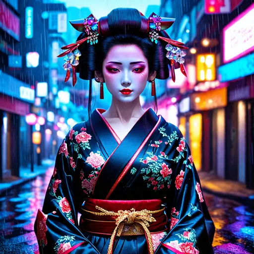 Prompt: Ultra-detailed cyberpunk geisha, iridescent makeup, holographic hair ornaments, futuristic kimono, neon-lit rainy street backdrop, cinematic lighting, ray-tracing, flawless skin texture, intricate face detail