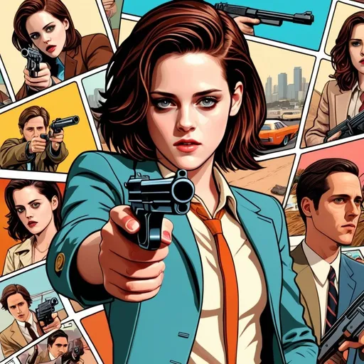 Prompt: young Kristen stewart, wes anderson style , aimming gun to viewer, background,illustration, comics, gta style
