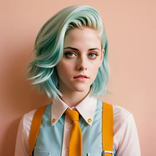 Prompt: Kristen Stewart portrait, Wes Anderson style,android18 cosplay, android18 costume,  pastel color palette, detailed facial features, high-quality, cinematic, quirky, retro vibe, soft lighting, artistic film, unique composition, vintage aesthetic, whimsical setting, stylish and understated, atmospheric, charming, nostalgic, vintage, detailed portrait, cinematic, pastel color palette, Wes Anderson style backdrop