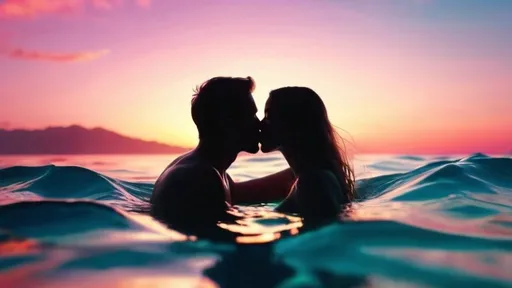Prompt: A lovely couple locked in a deep, underwater kiss,silhouette, surrounded by the vibrant colors of the ocean., sharp focus, emitting diodes,4k