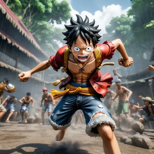 Prompt: Hyper realistic one piece character design, luffy, mist, photorealistic, octane render, unreal engine 5, 1 8k, hyper detailed, volumetric lighting, hdr. Scene of a raging combat, background of chaos and conflict