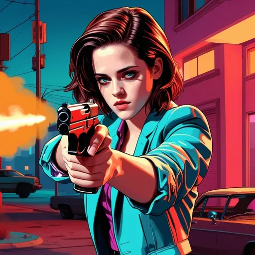 Prompt: Young Kristen Stewart aiming gun in GTA style, Wes Anderson illustration, comic background, GTA style, highres, detailed, vibrant, Wes Anderson, intense gaze, vintage color palette, atmospheric lighting