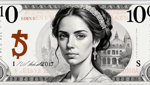 Prompt: Fictional currency bill wih hot spanish lady in the middle , white and gray backround , and make the currency "i" not $ , make it slick