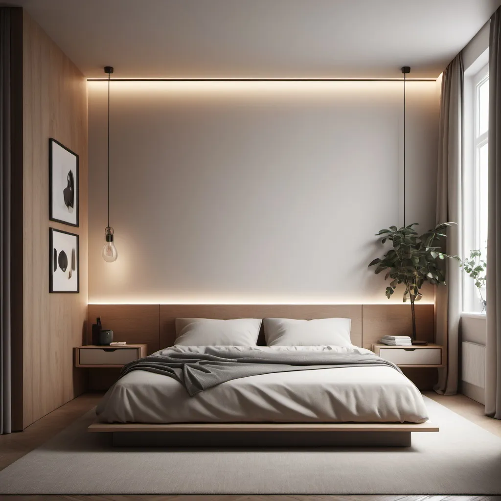 Prompt: a detailed 3D render of a modern, minimalist bedroom corner, showcasing unique architectural features. The design should highlight special materials and incorporate innovative lighting elements. Use 3ds Max and V-Ray for realistic rendering, focusing on textures and ambiance to create a serene atmosphere