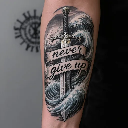 Prompt: draw an tattoo that suits to my forearm matches with the below description :

never give up words on a big dangerous sword surrounded by oceans waves
