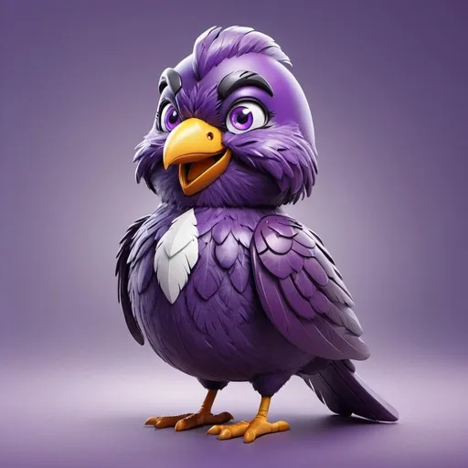 Prompt: Purple bird mascot for insurance company, friendly and trustworthy, high quality, detailed feathers, corporate, professional, trustworthy, friendly, vibrant purple tones, warm and inviting lighting, mascot design, detailed eyes, best quality, ultra-detailed, corporate character, cheerful expression