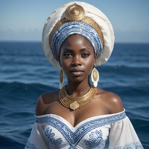Prompt: African orisha Yemaya in a serene ocean setting, blue and white dress, detailed serene facial features, mother of the world, goddess of the ocean, highres, detailed, elegant, serene, traditional, African, goddess, ocean, detailed hair, serene gaze, spiritual beauty, flowing blue and white dress, peaceful lighting