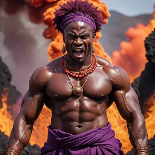 Prompt: Muscular handsome African Orisha Aggayu with fiery temper, dressed in purple and maroon, detailed muscular physique, volcanic setting, high quality, detailed, African mythology, majestic, traditional clothing, intense expression, vibrant colors, powerful deity, spiritual, fiery atmosphere