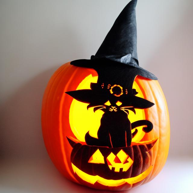 Prompt: A cat with a witch's hat carved in a pumpkin

