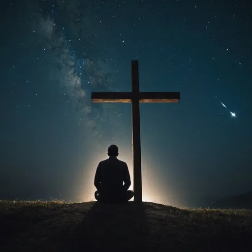 Prompt: At night a man sits helplessly under the cross stars.