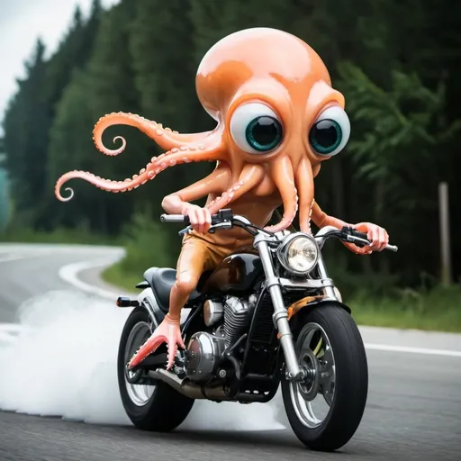 Prompt: squid riding a wheelie on a motorcycle 