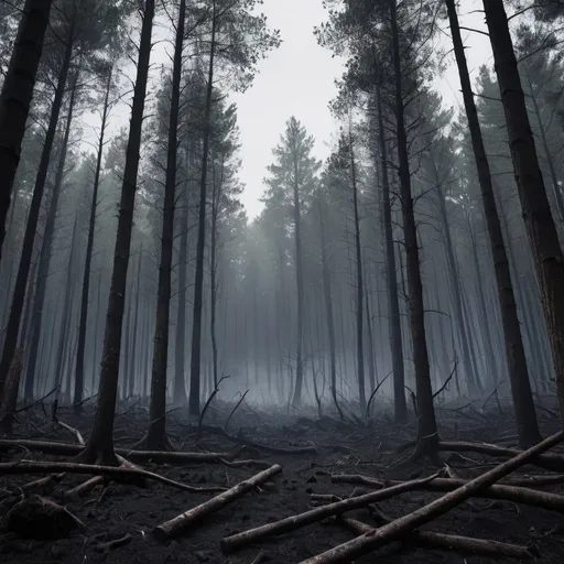Prompt: dark forest with ashes falling from the sky