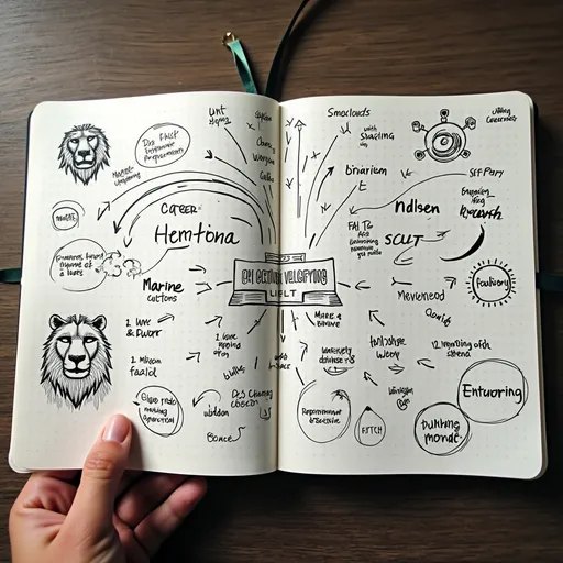 Prompt: A creative burst of ideas sprawls across the pages of this notebook, filled with hand-drawn diagrams, sketches, and notes. Central to the layout is a mind map illustrating interconnected concepts related to education and professional development, encompassing themes like humility, mentorship, and career paths. Various symbols represent diverse fields such as marine engineering, civil and electrical professions, alongside arrows indicating relationships between tourism, trade, and commerce. A whimsical sketch of a lion, adjacent to thoughtful reflections on wisdom and growth, lends a personal touch, while jotted reminders encourage exploration and discovery. The overall ambiance conveys an urgent quest for knowledge and improvement, while the layout suggests a dynamic brainstorming session infused with enthusiasm and clarity.