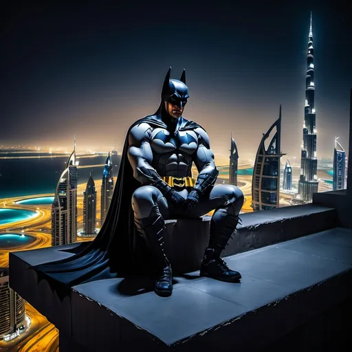 Prompt: batman sitting on a ledge in dubai night