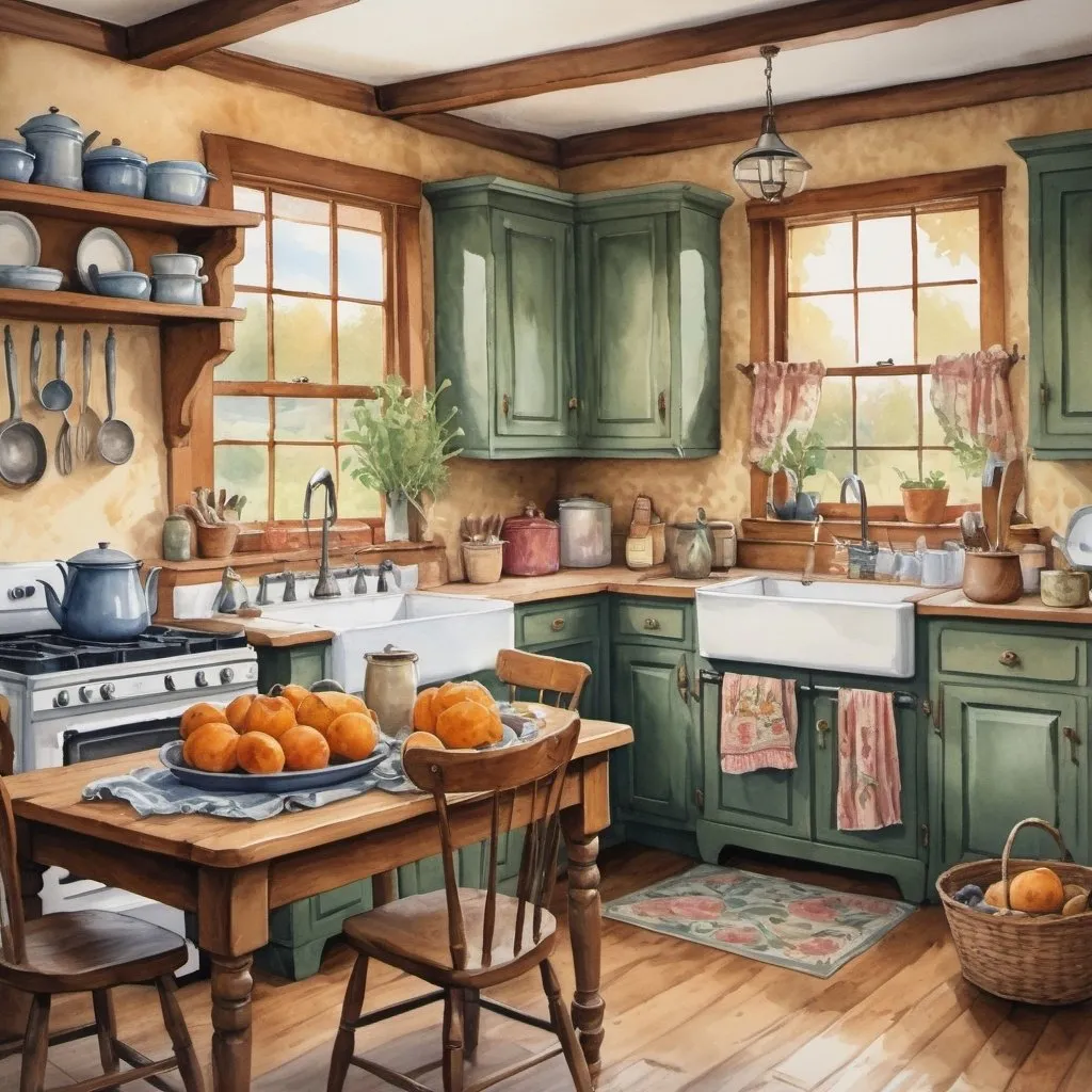 Prompt: Cozy old-fashioned country kitchen, Sally Swannell-inspired, gouache style, watercolor, museum epic, impressionist maximalist masterpiece, thick brush strokes, impasto gouache, thick layers of watercolors on canvas, 8k resolution, matte painting, vintage, detailed textures, warm color palette, natural lighting
