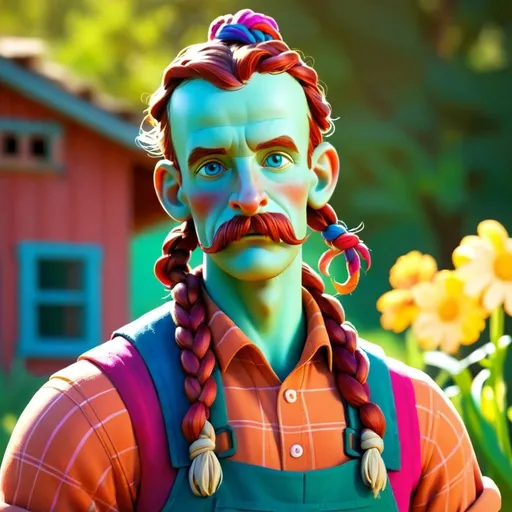 Prompt: Disney style farm man with braids and a happy smile, vibrant colors, sunny
