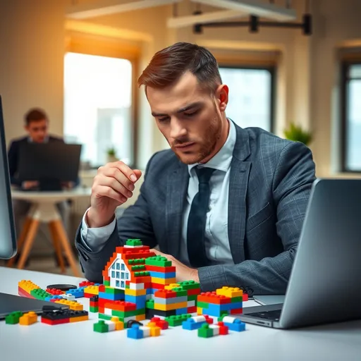 Prompt: a business man, focused expression, seated at a modern desk, intricately assembling business with colorful LEGO bricks, professional attire, bright office background, warm lighting highlighting the workspace, dynamic composition, emphasizes creativity and innovation, high-quality details, ultra-detailed, inspiring ambiance, sense of determination and growth.